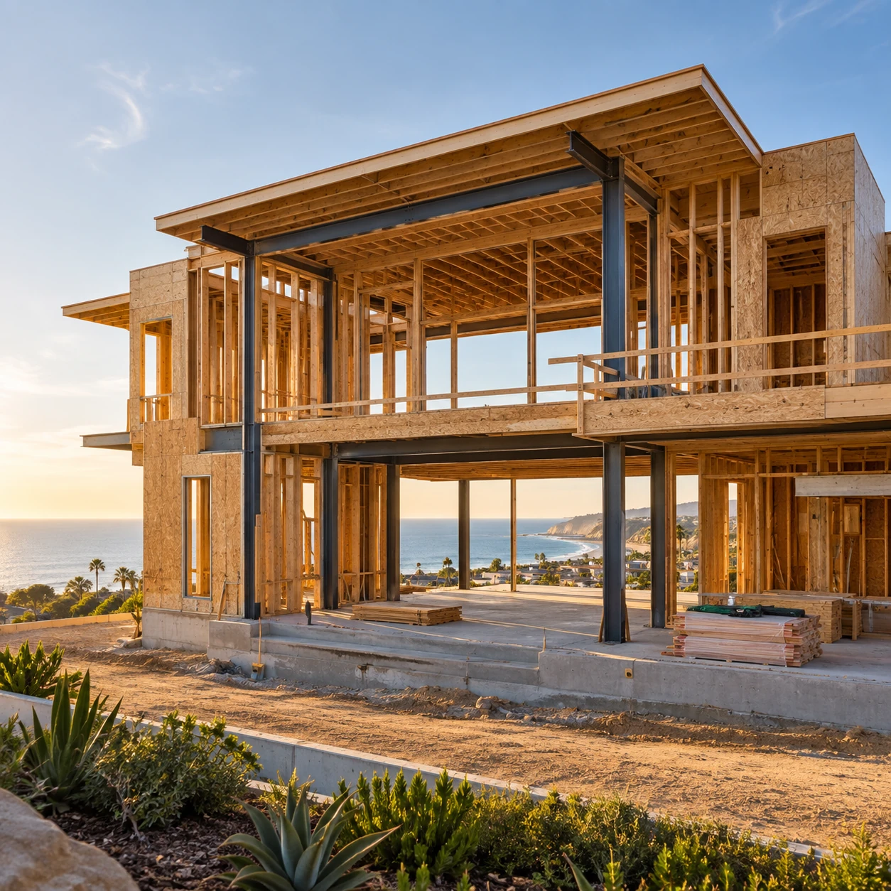 Luxury ocean-view home under construction with exposed timber and steel framing